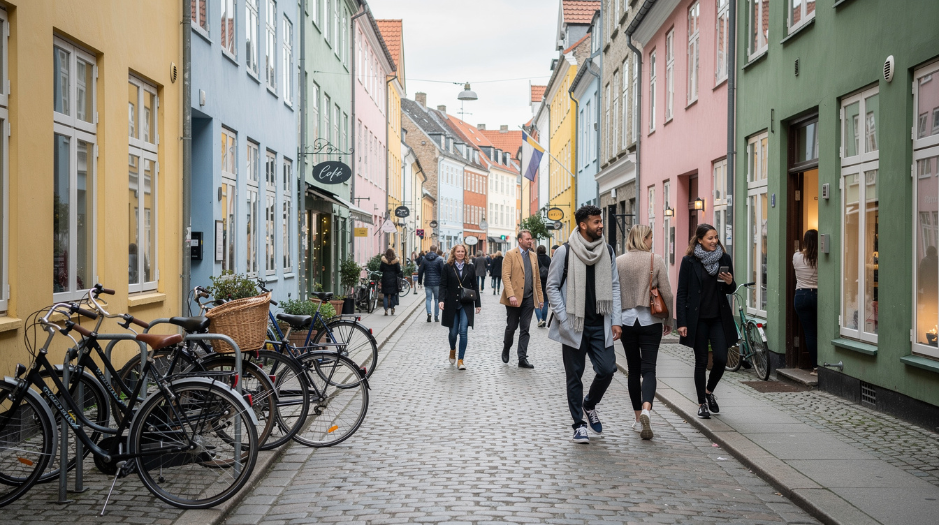 Colorful street in Copenhagen with pedestrians