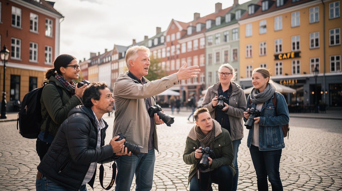 Small group learning photography during an outdoor workshop